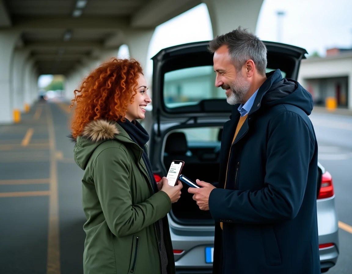 Deux covoitureurs finalisant un paiement Blablacar sur smartphone dans un parking de gare