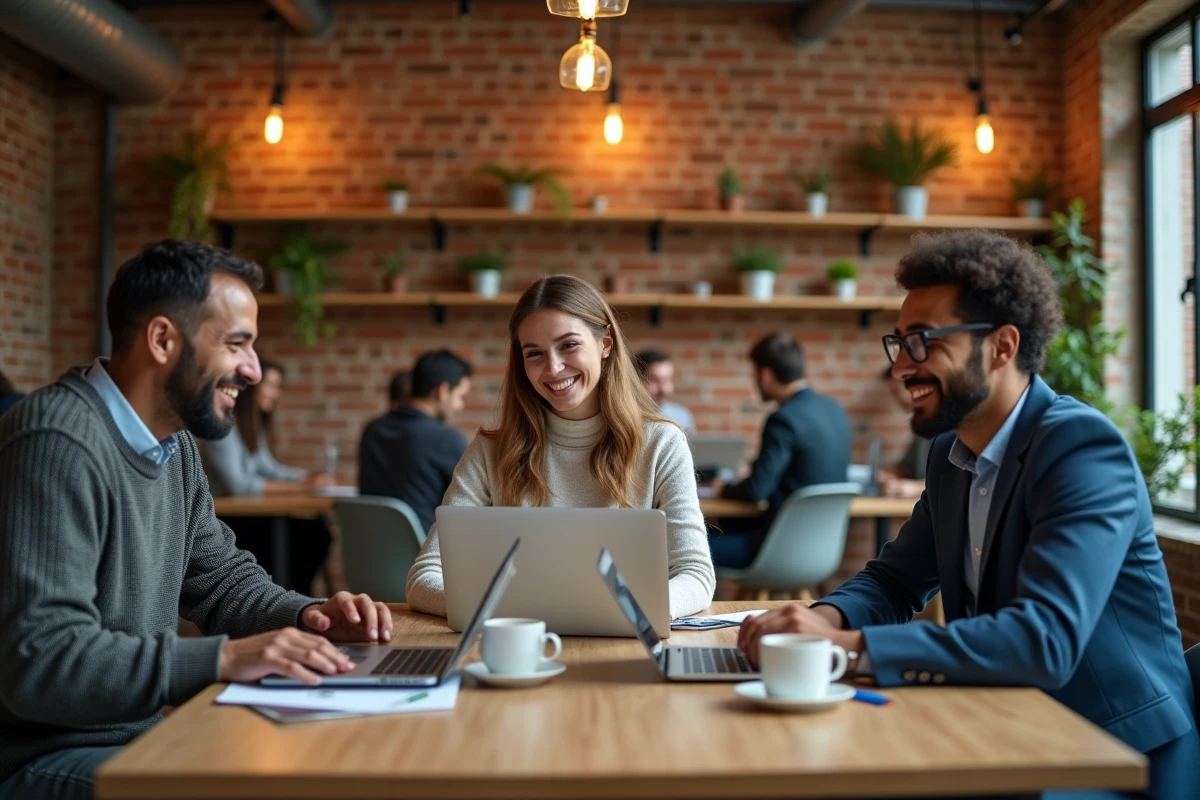 Équipe de professionnels en réunion stratégique dans un espace de co-working moderne discutant des tendances et conseils pour réussir en affaires