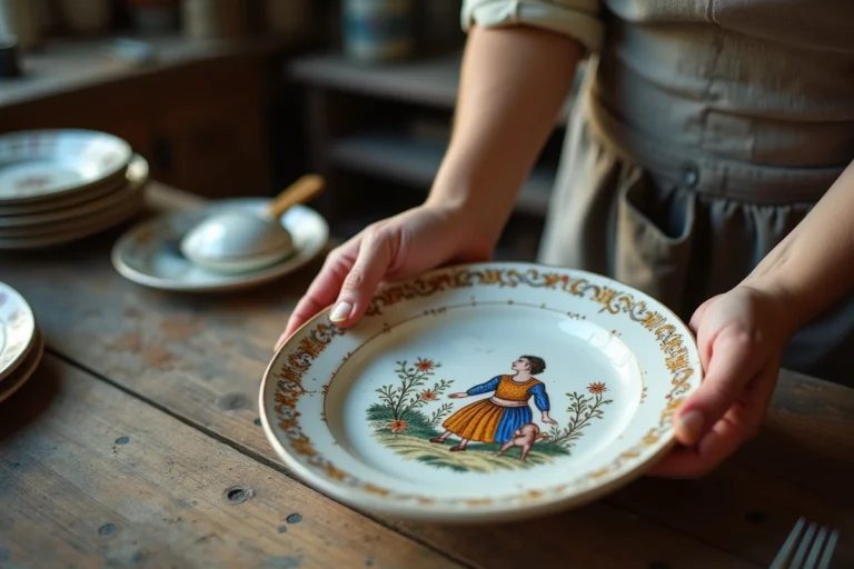 Femme expert examinant une faïence Henriot Quimper ancienne dans un atelier d'antiquités