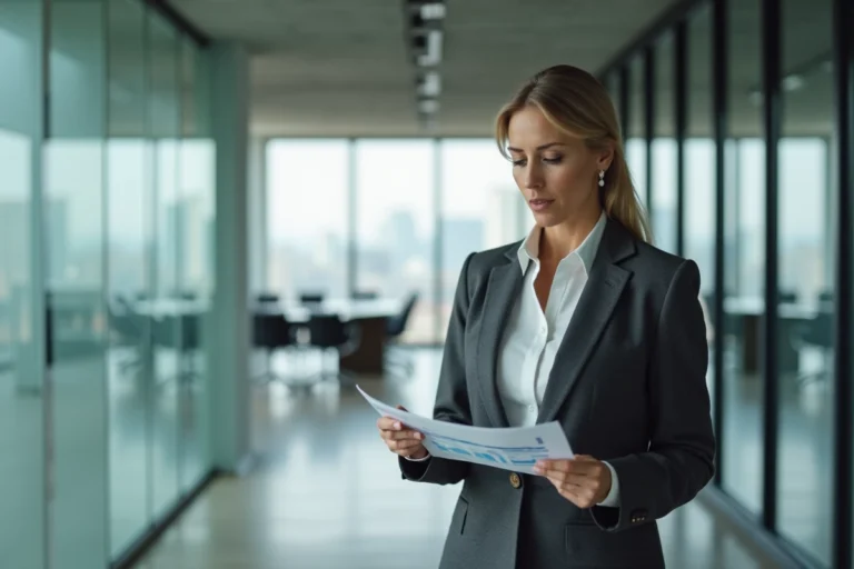 Femme d'affaires professionnelle en blazer gris dans une salle de conférence moderne examinant des graphiques de tendances commerciales