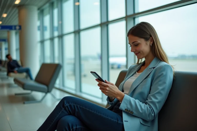 Jeune femme utilisant l'application myTransavia sur son smartphone dans un terminal d'aéroport moderne