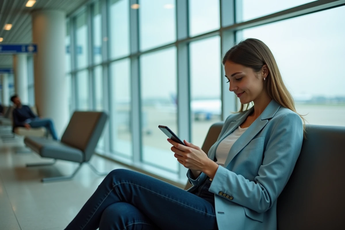 Jeune femme utilisant l'application myTransavia sur son smartphone dans un terminal d'aéroport moderne