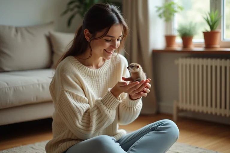 Jeune femme tenant une belette domestique dans ses mains dans un appartement cosy