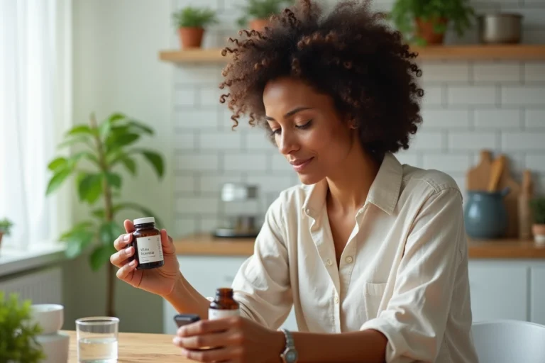 Femme lisant les informations sur un flacon de complément capillaire à base de plantes dans une cuisine moderne