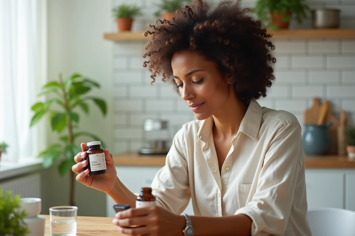 Femme lisant les informations sur un flacon de complément capillaire à base de plantes dans une cuisine moderne
