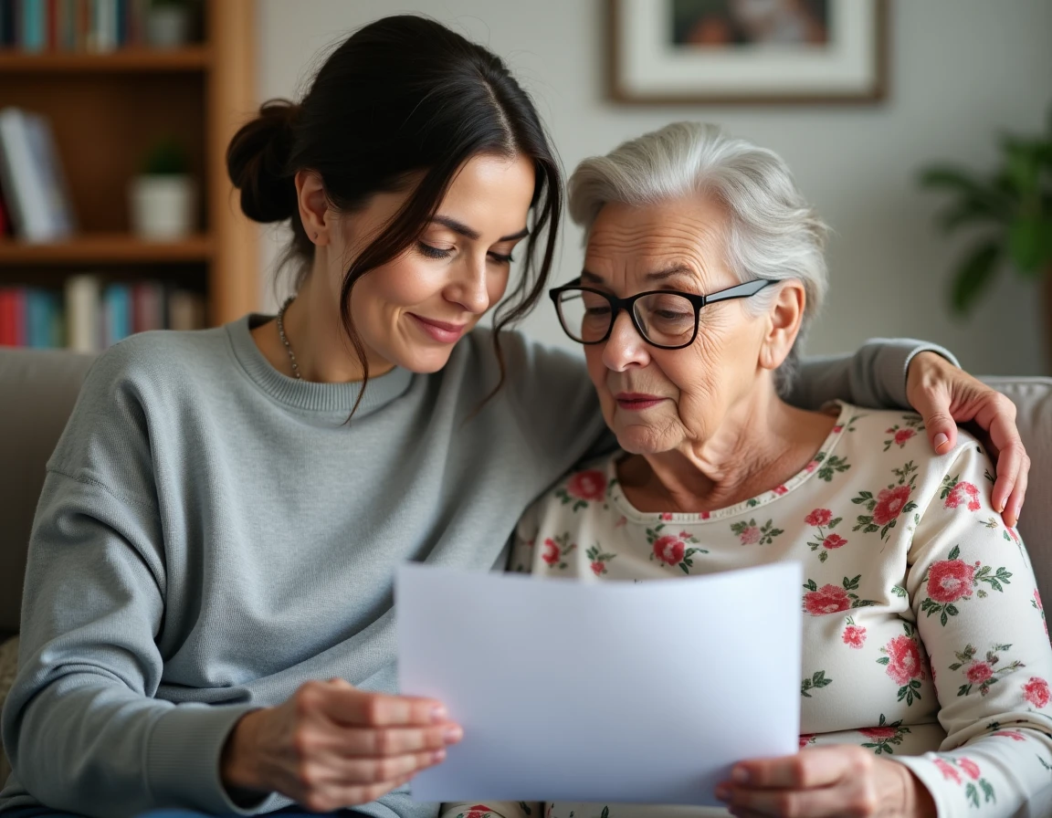 Une femme adulte et sa mère âgée examinent ensemble des documents administratifs sur un canapé, illustrant l'accompagnement parental au quotidien