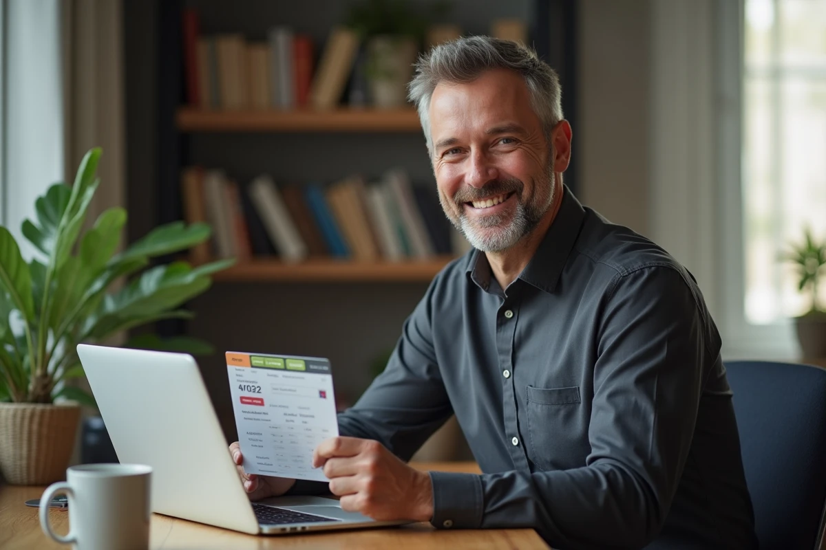 Homme consultant sa réservation myTransavia sur un ordinateur portable depuis son bureau à domicile