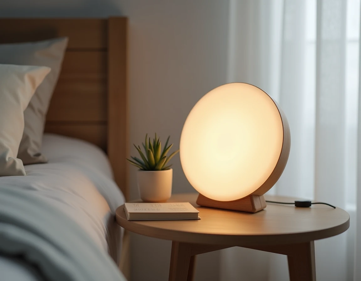 Une lampe de luminothérapie décorative au design minimaliste posée sur une table de chevet avec une plante