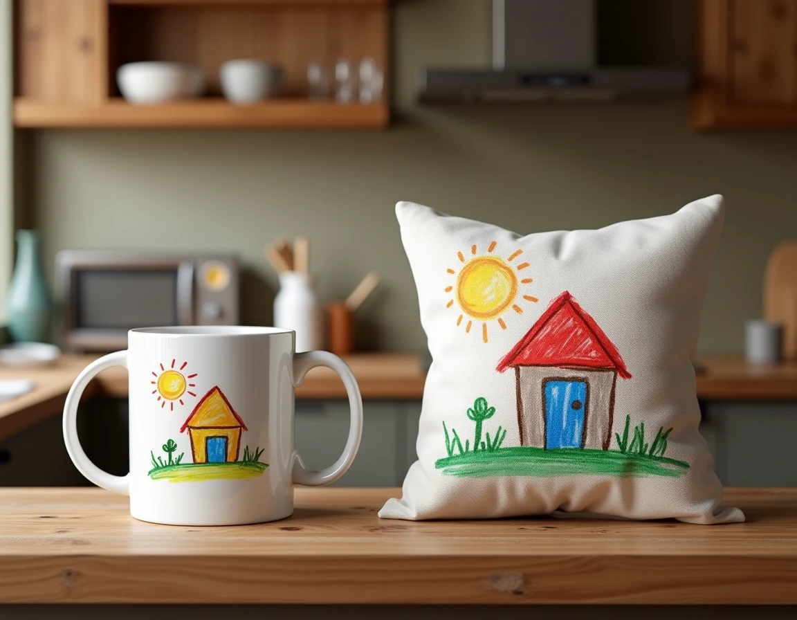 Un mug blanc et un coussin imprimés avec un dessin d'enfant coloré représentant une maison et un soleil