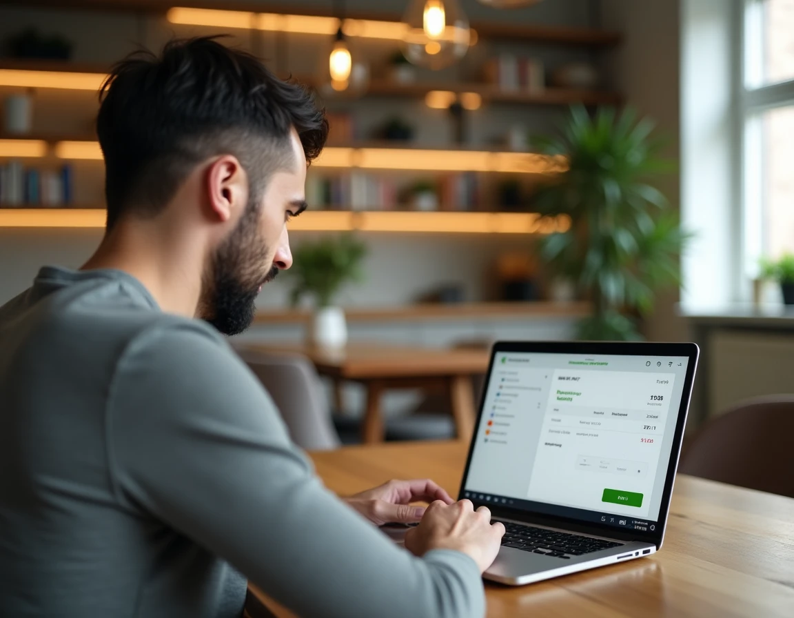 Homme utilisant un ordinateur portable pour effectuer un paiement sur la plateforme Blablacar depuis chez lui