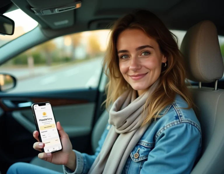 Femme dans une voiture consultant une confirmation de paiement Blablacar sur son smartphone