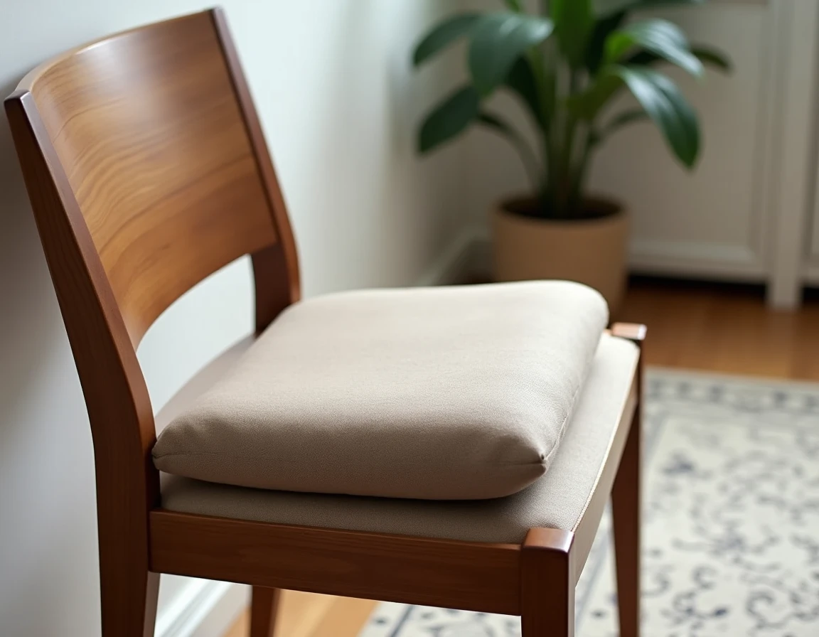 Un rehausseur de fauteuil rembourré au design soigné en tissu taupe neutre posé sur un fauteuil en bois