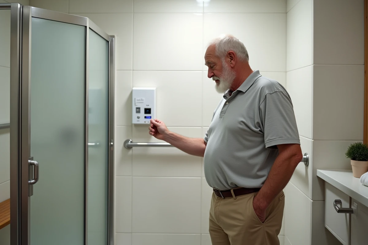 Un homme senior dans une salle de bain aménagée avec des équipements adaptés comme des barres d'appui et un distributeur de médicaments connecté