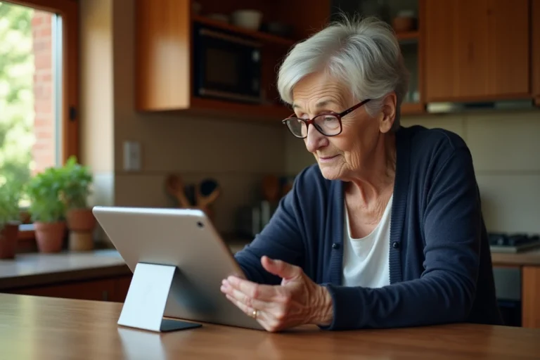 Une femme senior utilisant une tablette tactile grand écran dans sa cuisine pour accéder à des solutions numériques adaptées aux personnes âgées