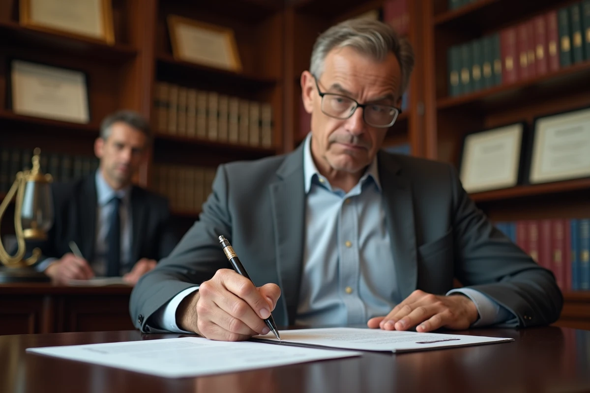 Homme signant un contrat d'achat immobilier chez un notaire dans un bureau traditionnel