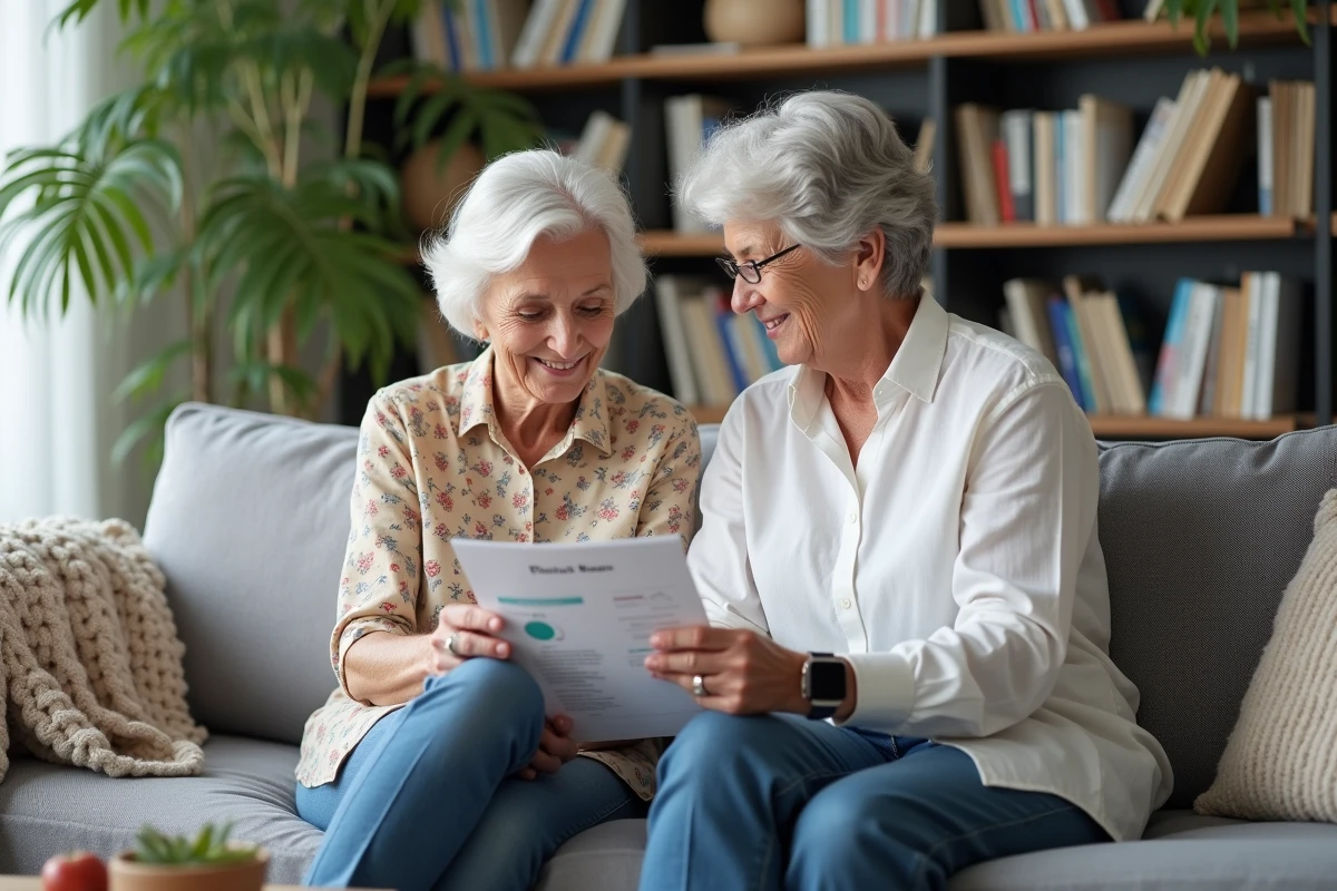Une femme âgée et une aidante examinent ensemble des solutions innovantes pour seniors, dont une montre connectée de surveillance de santé, dans un salon confortable