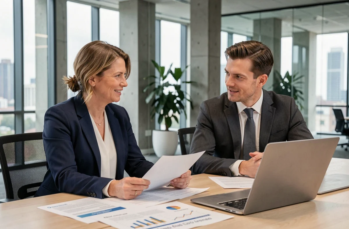 Femme d'affaires et consultant en réunion dans un bureau moderne, illustrant l'accompagnement personnalisé pour entreprise