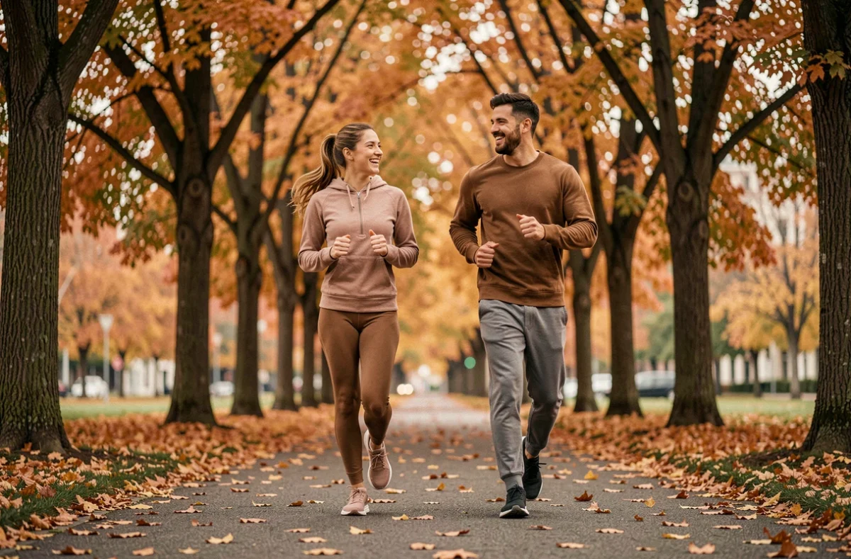 Deux amis faisant du jogging dans un parc urbain en automne pour intégrer l'activité physique dans leur mode de vie sain