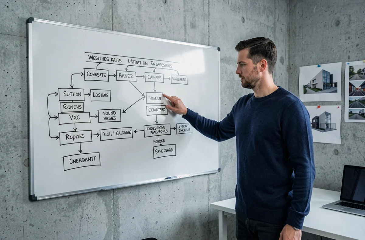 Homme expliquant une architecture de site web sur un tableau blanc dans un studio minimaliste