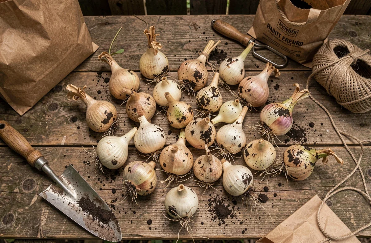 Bulbes de lys récoltés posés sur un établi en bois dans un cabanon de jardin avec des outils de jardinage