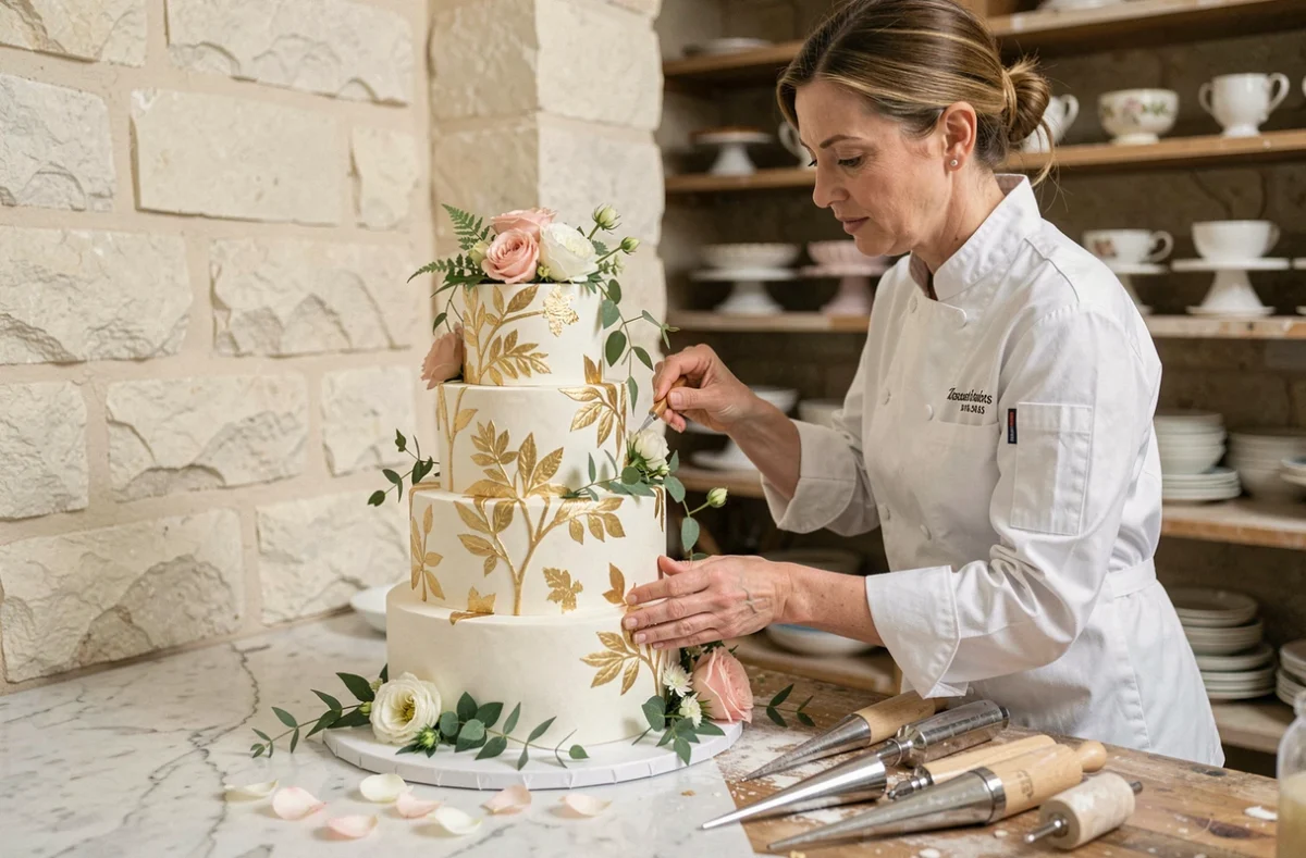Cheffe pâtissière créant un gâteau de mariage à cinq étages avec décoration dorée à la feuille dans un atelier artisanal