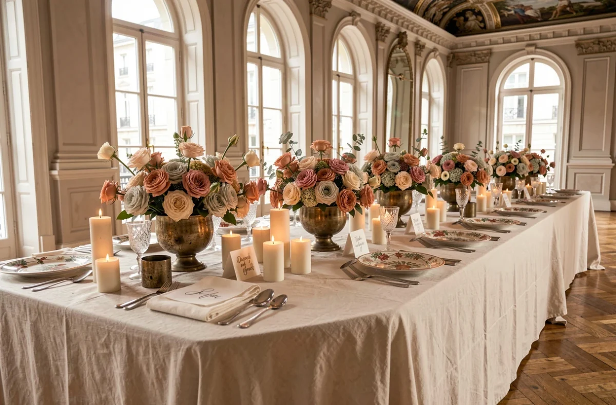 Décoration de table de réception de mariage tendance 2024 avec fleurs et vaisselle artisanale dans un palazzo parisien