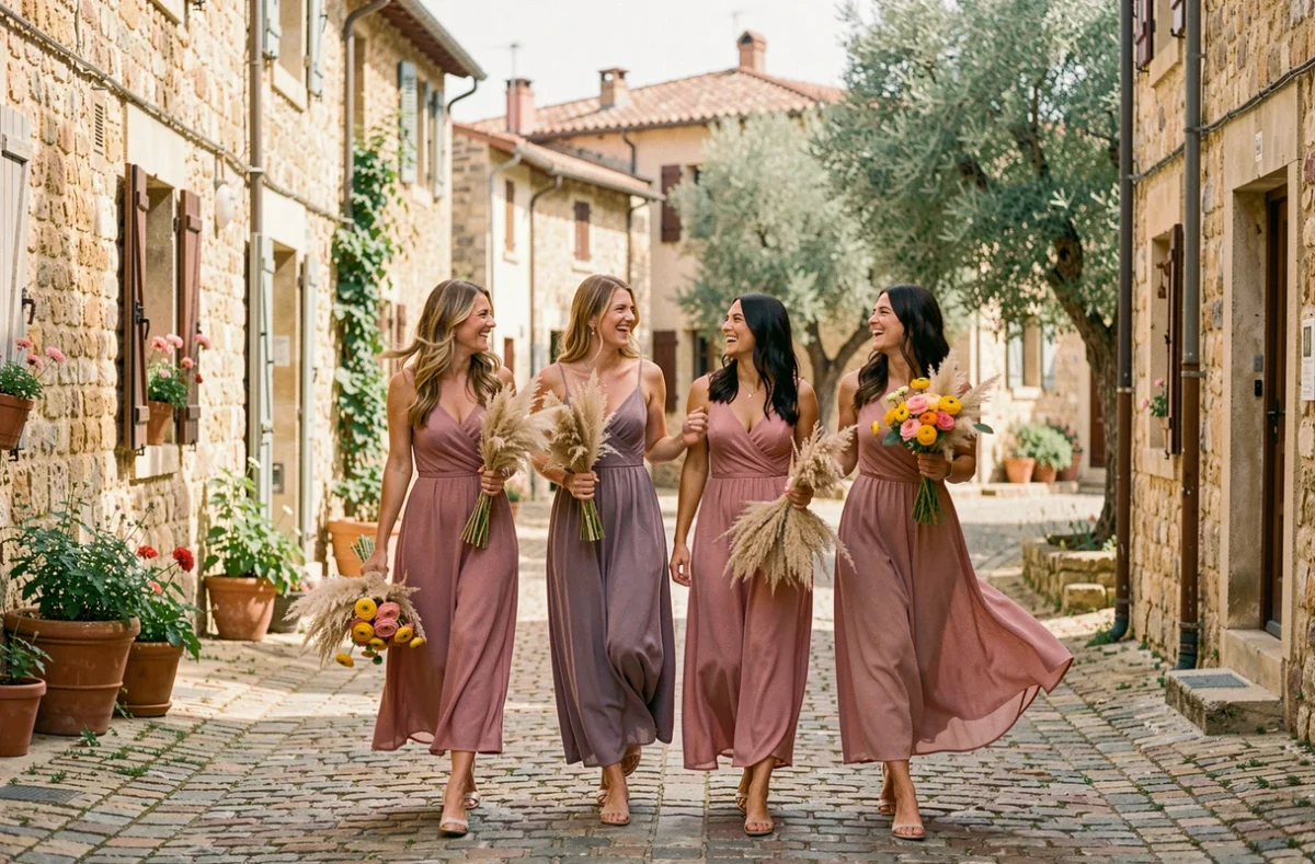 Quatre demoiselles d'honneur en robes rose poudré marchant dans une ruelle provençale lors d'un mariage en 2024