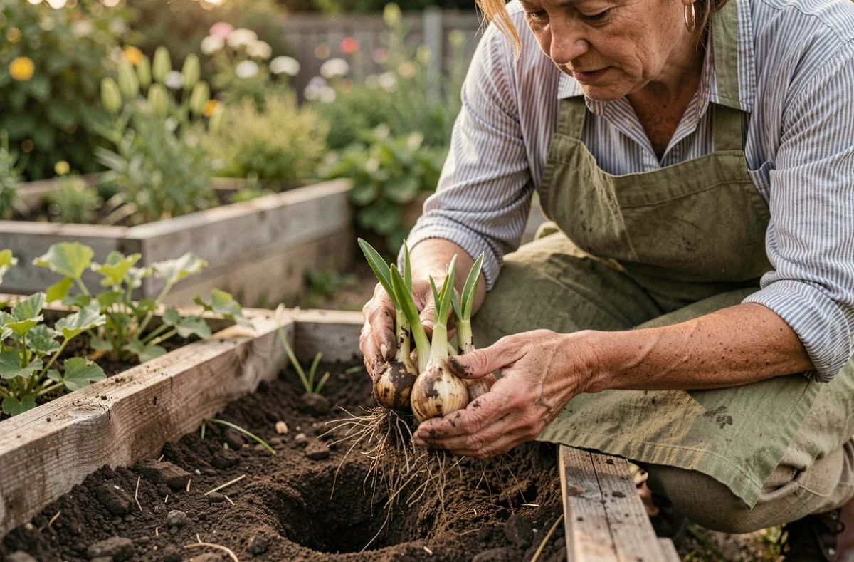 Femme déterrant des bulbes de lys dans un jardin après la floraison, tenant les bulbes dans ses mains couvertes de terre