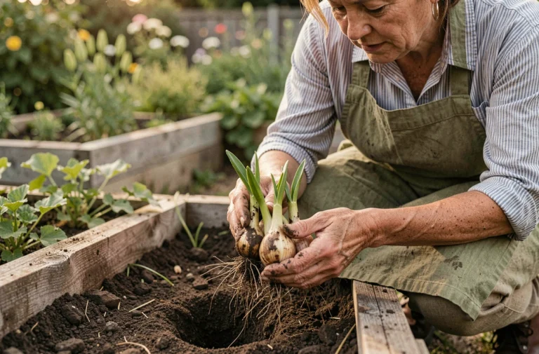 Femme déterrant des bulbes de lys dans un jardin après la floraison, tenant les bulbes dans ses mains couvertes de terre