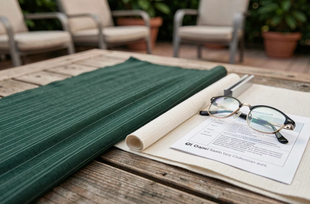 Échantillons de toiles pour store banne vert forêt et blanc cassé posés sur une table en bois avec profil aluminium