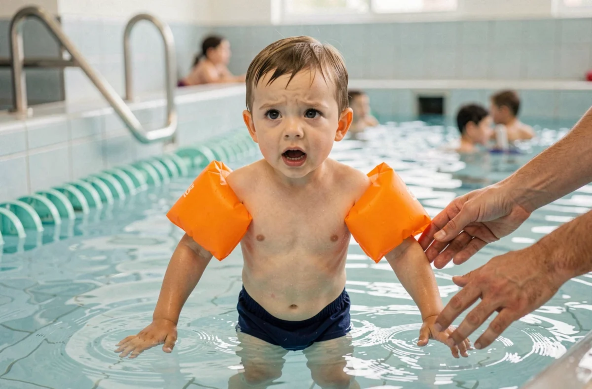 Enfant de 3 ans avec des brassards orange au bord d'une piscine intérieure pour tout-petits lors d'un cours de natation encadré