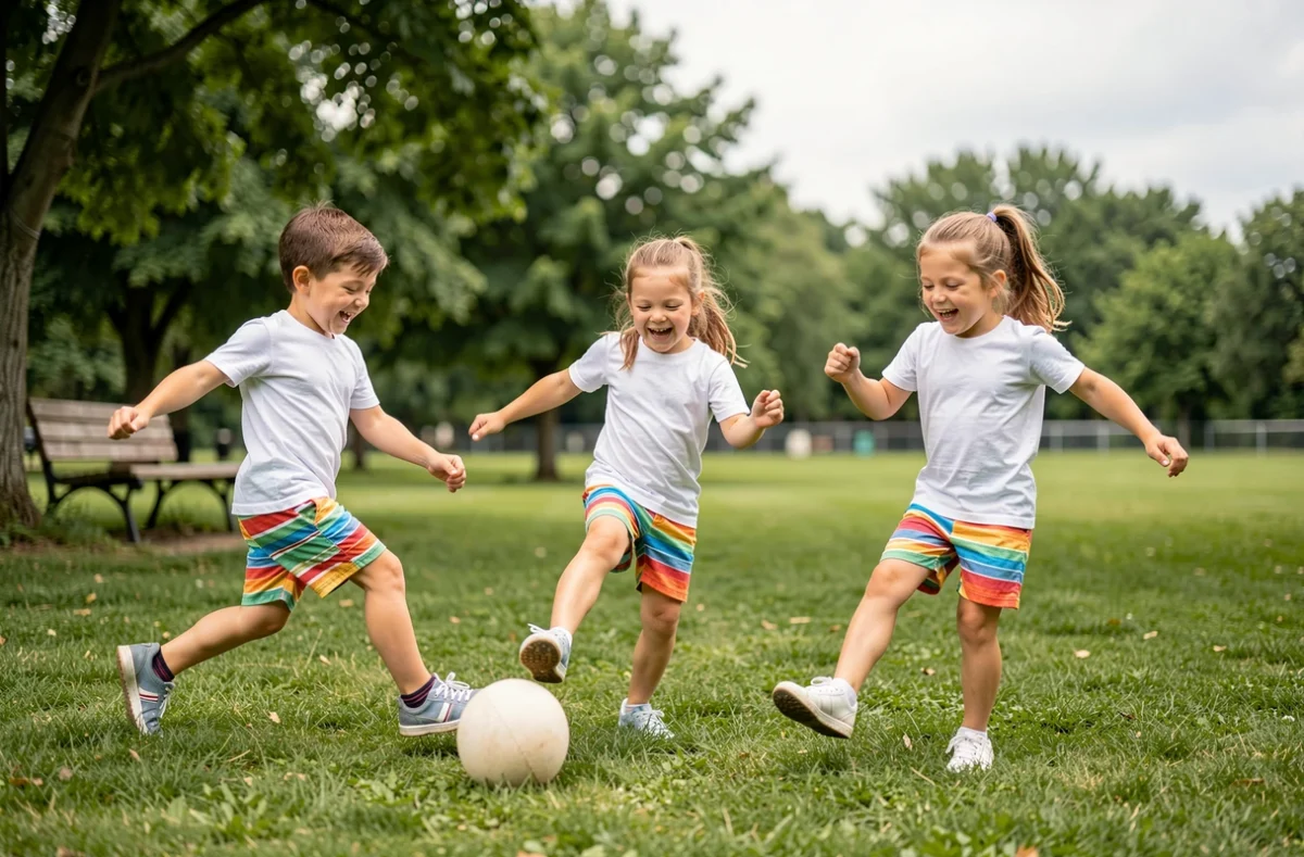 Groupe d'enfants de 3 à 4 ans jouant au ballon mousse dans un parc verdoyant lors d'une initiation sportive en plein air
