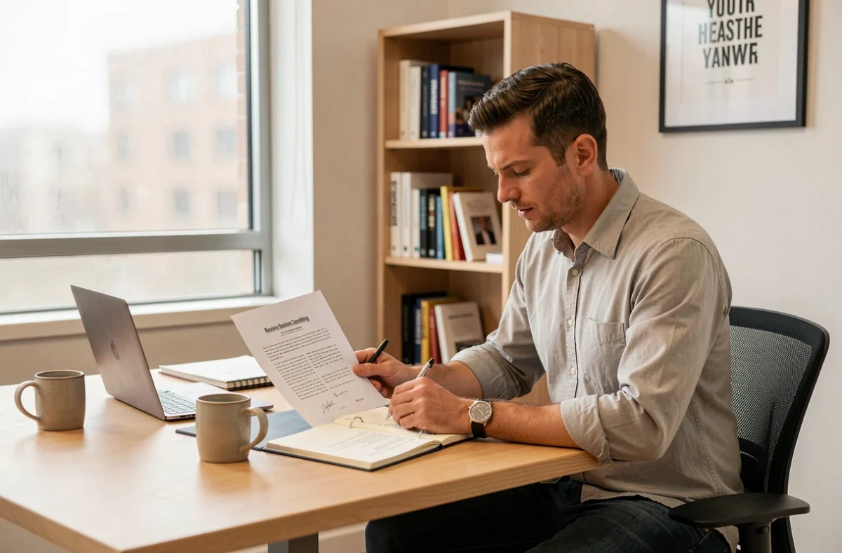 Entrepreneur lisant un rapport d'accompagnement personnalisé à son bureau, concentré sur le développement de son entreprise