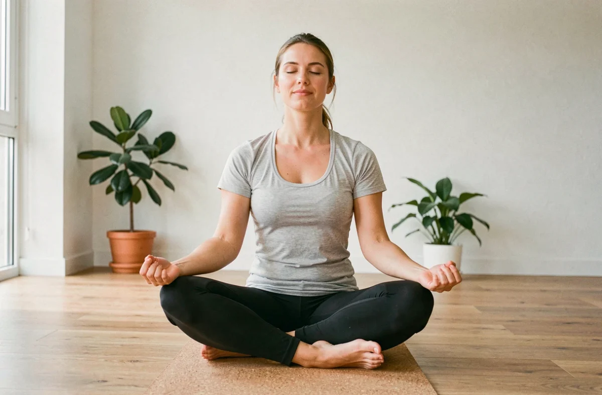 Femme pratiquant la méditation sur un tapis de yoga dans un appartement minimaliste pour une vie plus saine