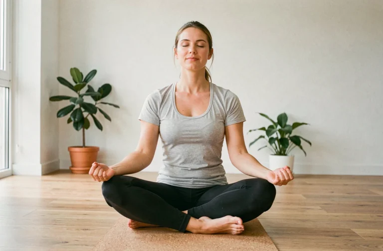 Femme pratiquant la méditation sur un tapis de yoga dans un appartement minimaliste pour une vie plus saine