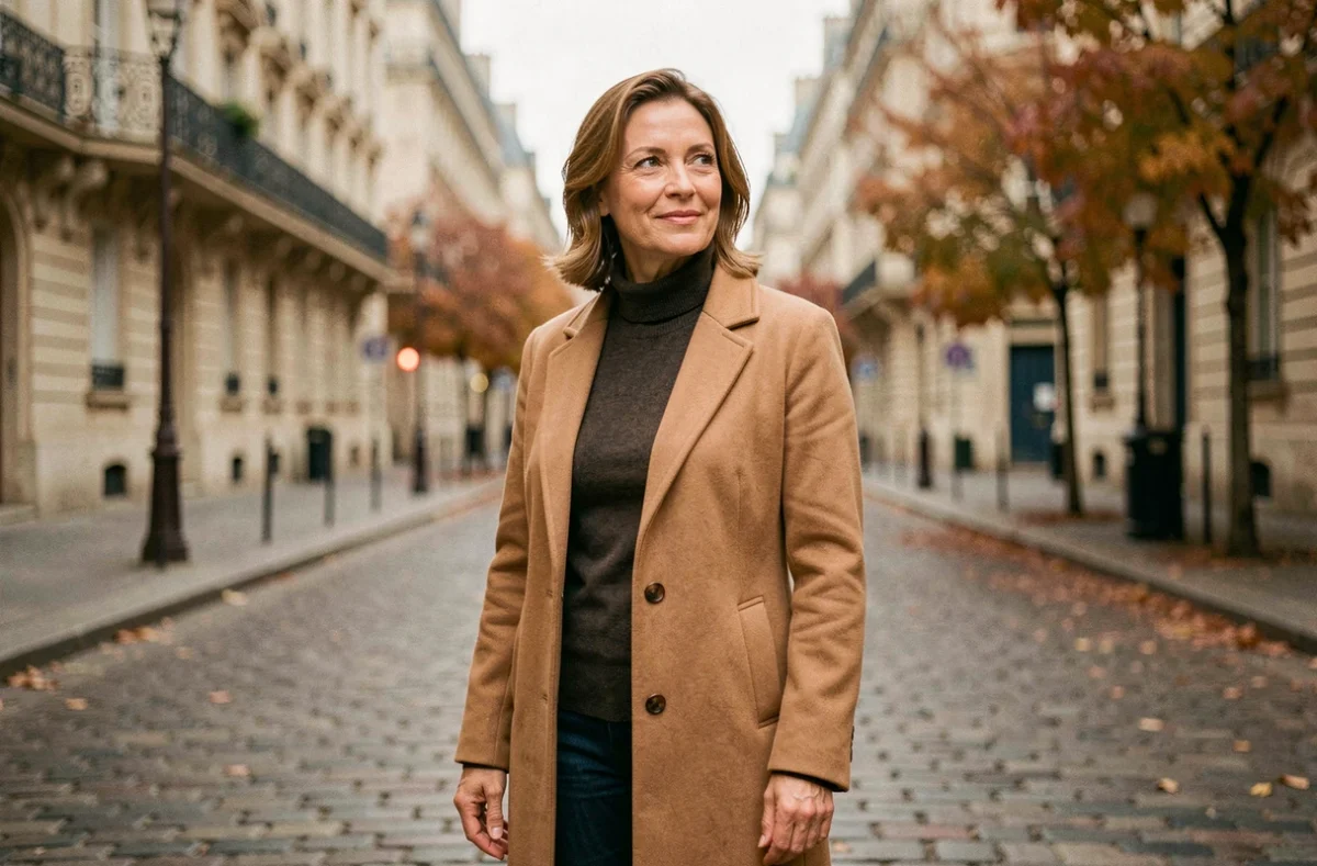 Femme professionnelle et élégante photographiée dans une rue parisienne en automne, évoquant le parcours et la carrière de Florence Kieffer