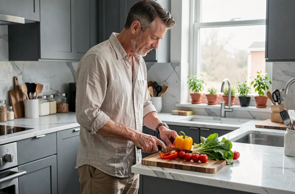 Homme préparant des légumes frais dans une cuisine moderne pour adopter une alimentation saine au quotidien