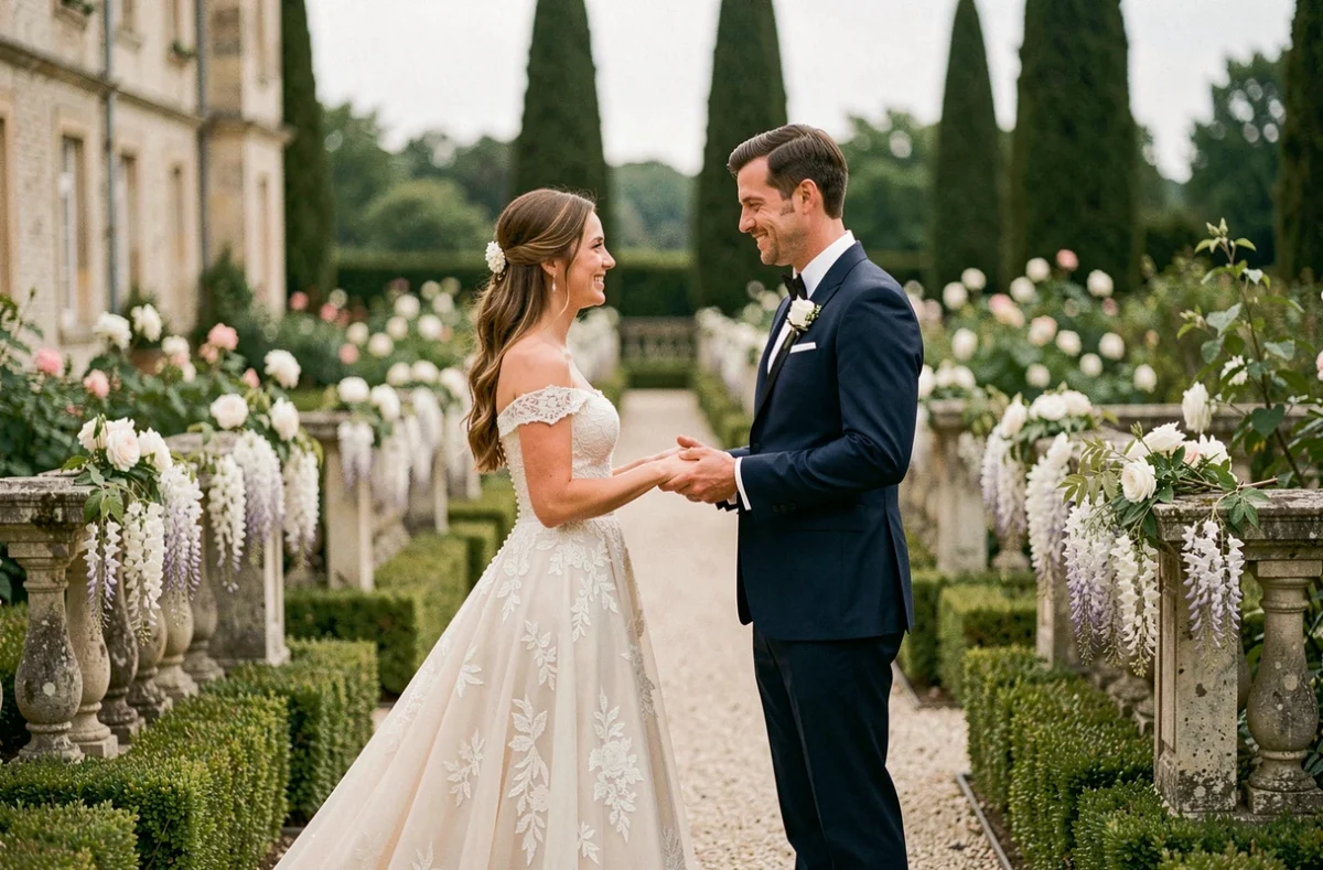 Mariés en tenue élégante échangeant leurs vœux dans un jardin de château français fleuri en 2024