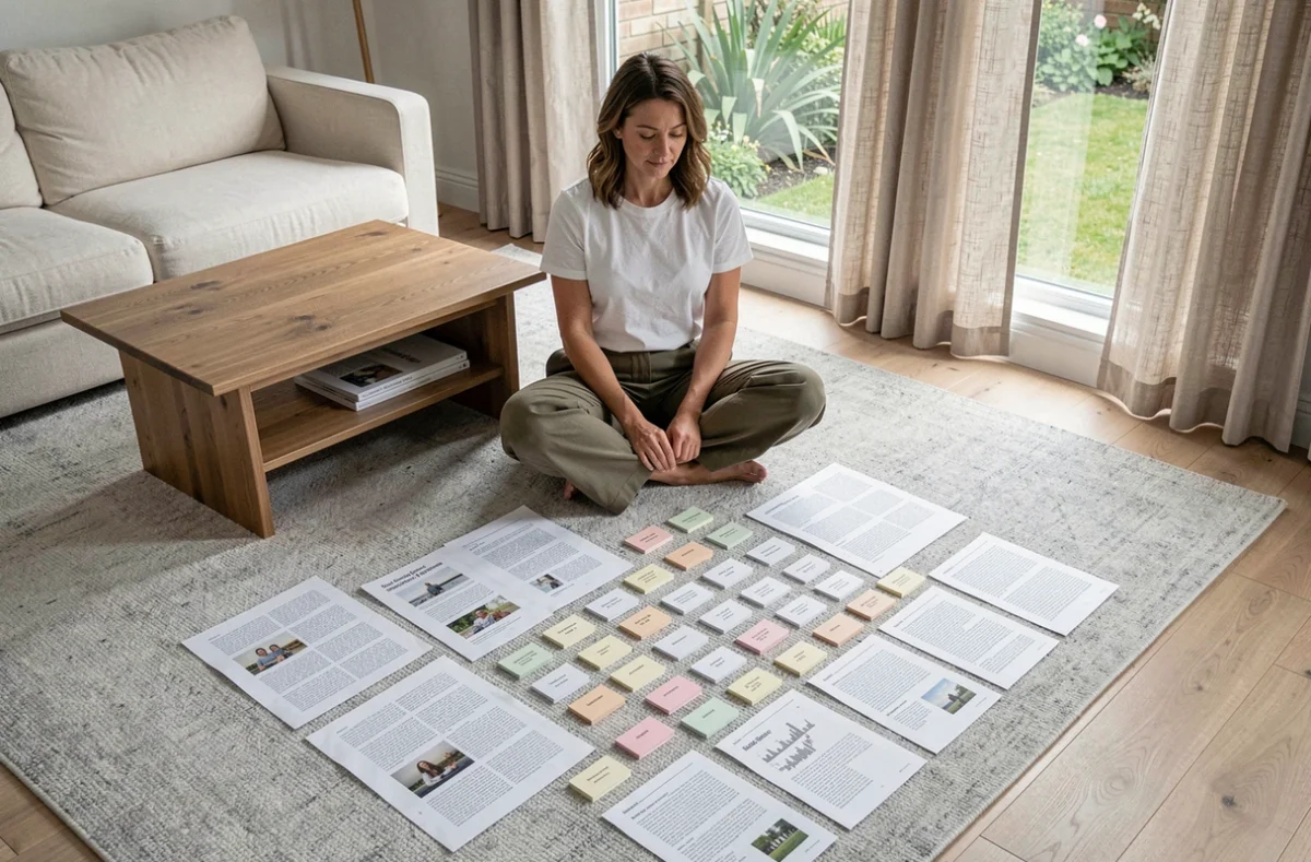 Femme organisant des fiches de structure de site web sur le sol d'un salon scandinave
