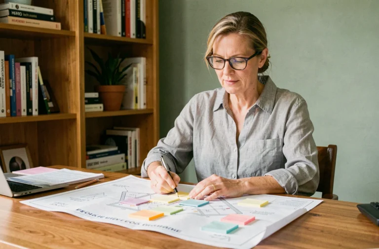 Femme organisant un plan de site sur un bureau en bois avec des sticky notes colorés dans un bureau à domicile