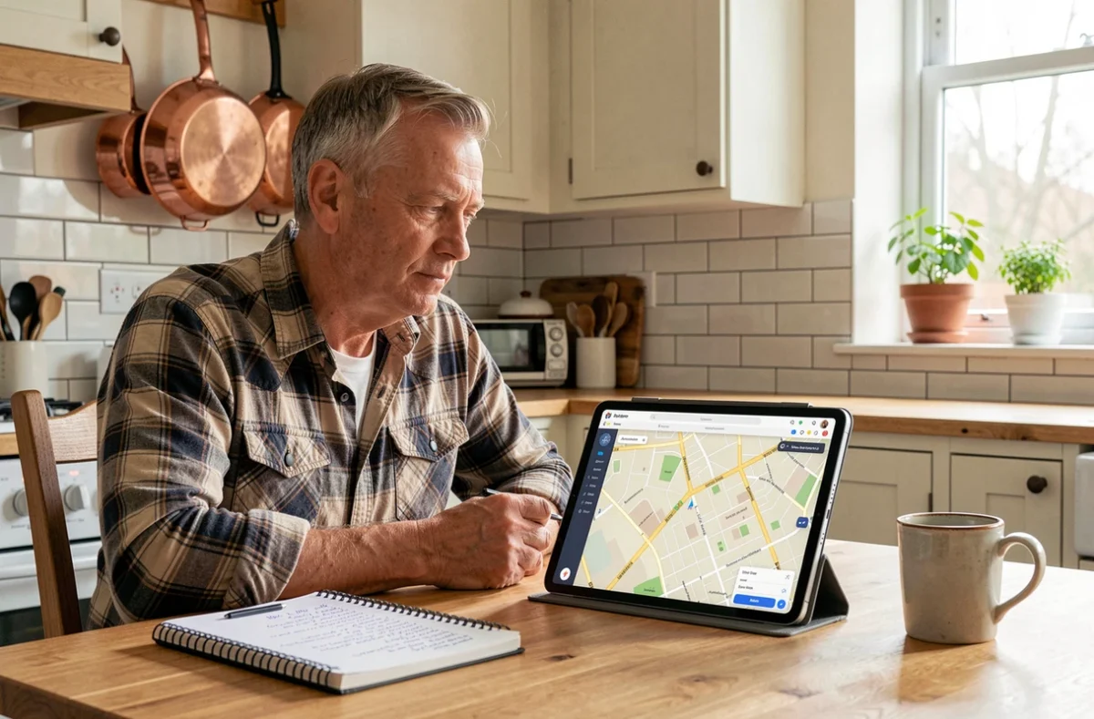 Homme consultant une application de plan de site sur tablette dans une cuisine lumineuse avec un cahier de notes
