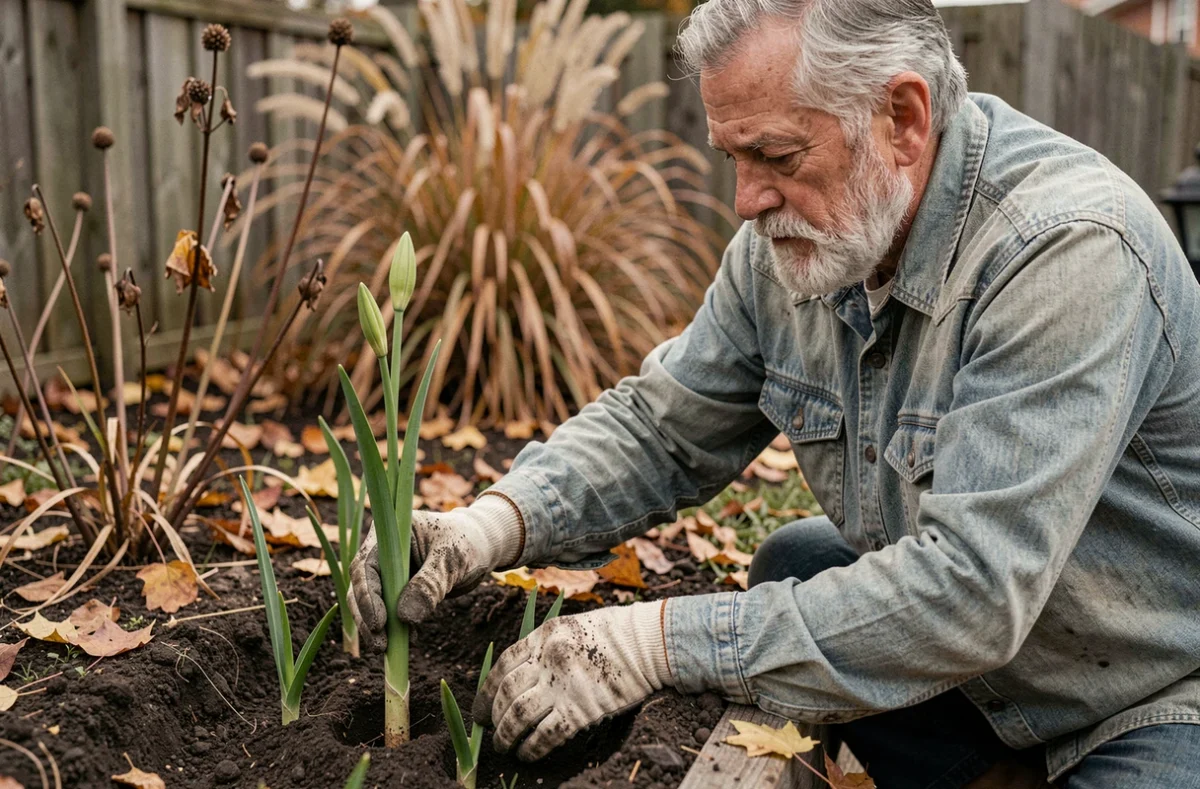 Homme âgé replantant des bulbes de lys dans un parterre de jardin en automne avec des feuilles mortes au sol