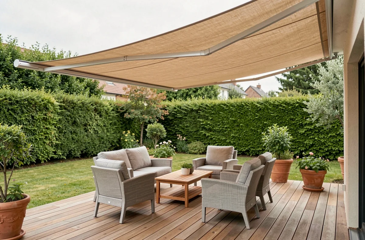 Store banne rétractable beige sable déployé au-dessus d'une terrasse en bois avec mobilier de jardin gris clair
