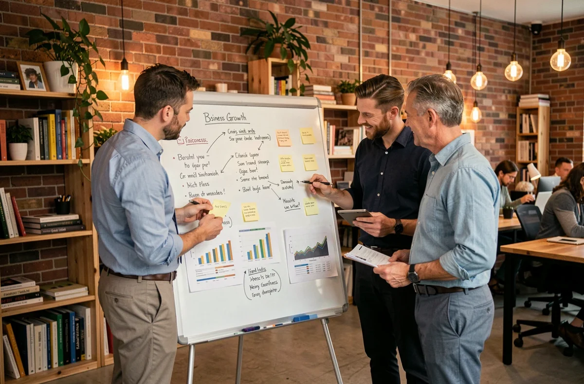 Équipe de professionnels élaborant une stratégie de croissance sur un tableau blanc dans un espace de coworking