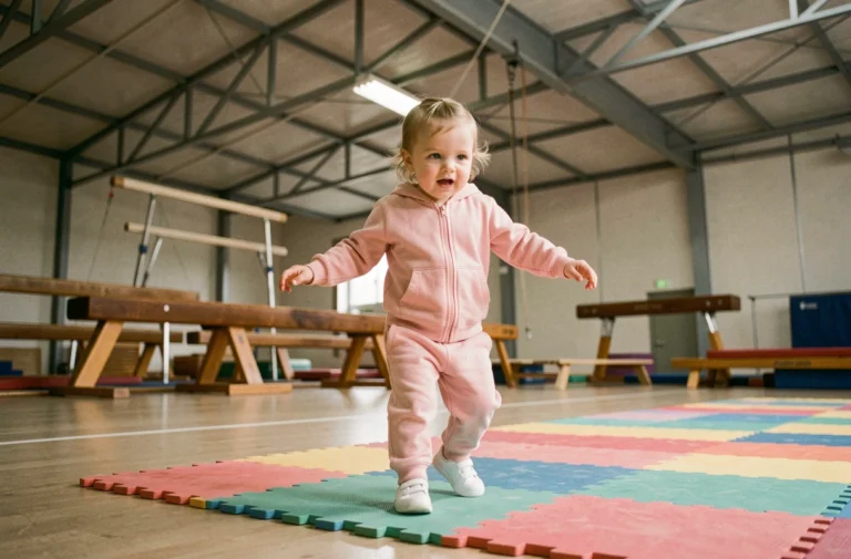 Petite fille de 2 ans en survêtement rose apprenant à marcher sur un tapis de gym coloré dans une salle de sport intérieure